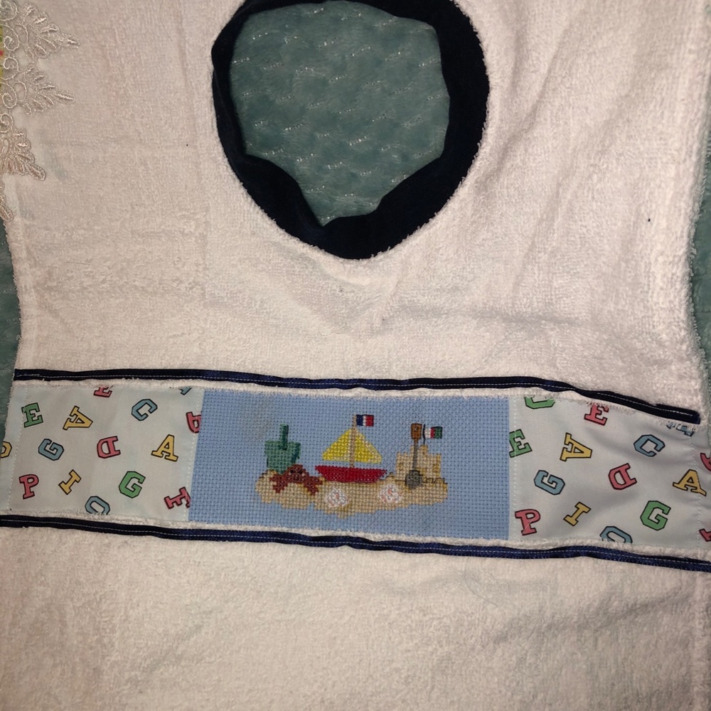 Handmade Terrycloth Cross stitched Beach Scene Bib